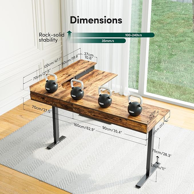 CubiCubi L Shaped Standing Desk with Drawers 63 x 48 Inch Adjustable Height, Electric Corner Desk with Storage, Sit Stand Home Office Desk with Splice Board, Rustic Brown