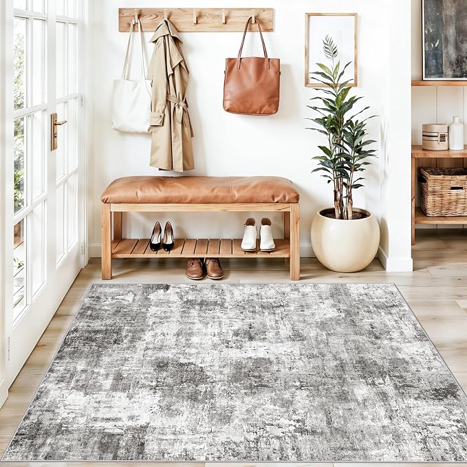 4x6 Entryway Rug – Non-Slip Low-Pile Small Area Rug for Kitchen Bedroom Living Room Office – Modern Abstract Neutral Throw Carpet with Rubber Backing (Grey)