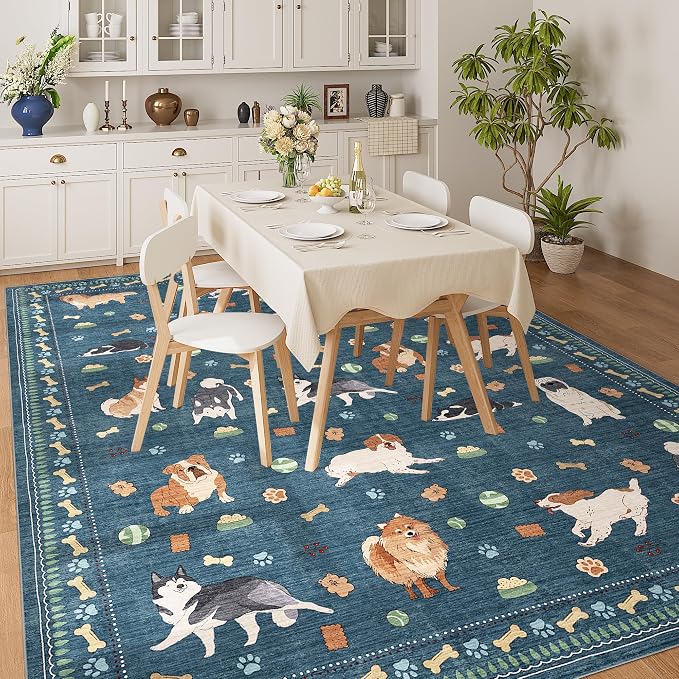 DUKINO 8x10 Area Rug, Non Slip Washable Animal Dog Rug for Living Room, Stain Resistant & Low Pile Indoor Floor Large Carpet for Bedroom, Farmhouse, Nursery, Dining Room, Kids Playroom, Blue