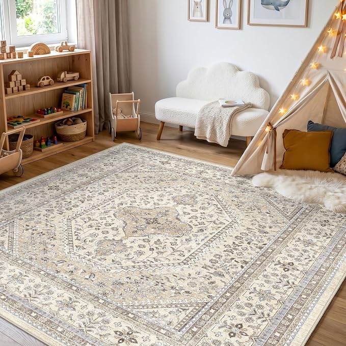 Puino 8x8 Square Area Rug - Washable Oriental Large Rugs for Living Room Soft Non-Slip Backing Indoor Carpet for Bedroom Low Pile Stain Resistant Floor Mat for Dinning Room Home Decor Beige/Gray