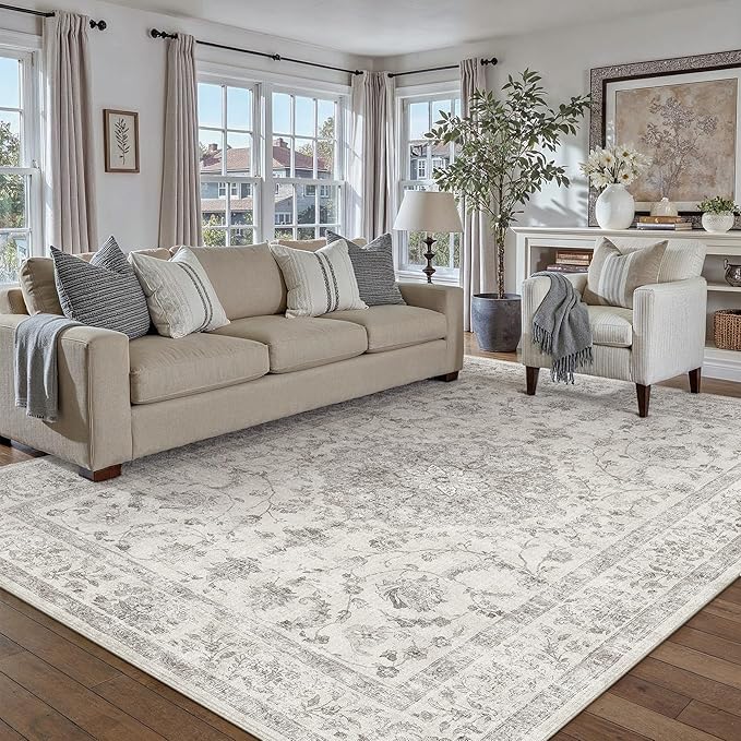 PureCozy 5x7 Area Rug Gray Washable Living Room Vintage Carpet Bedroom Non Slip Soft Low Pile Neutral Oriental Soft Thin Dining Room Office Accent Throw Rug