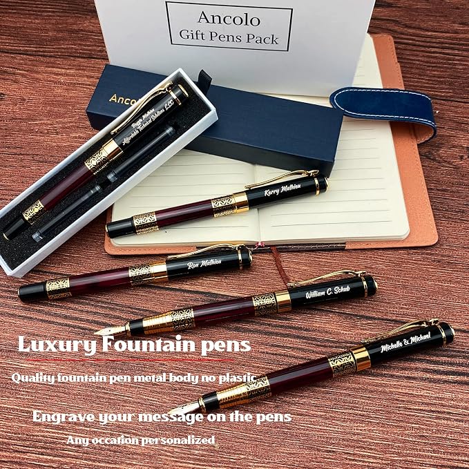 Ancolo Personalized Fountain Pens-Medium Point Nib- 5 Pcs a Set with Gift Pen Box Nice Souvenir Gift, Engraved with Your Name/Message/Phone number on the Pens Perfect for Men Women