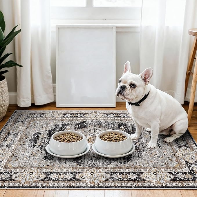 Washable 3x4 Area Rug for Entryway - Bedroom Rugs with Non Slip Rubber Backing for Kitchen Bathroom Indoor Soft Stain Resistant Carpet Rug for Pet Feeding Area and Distressed Floor Decor Black/Gray