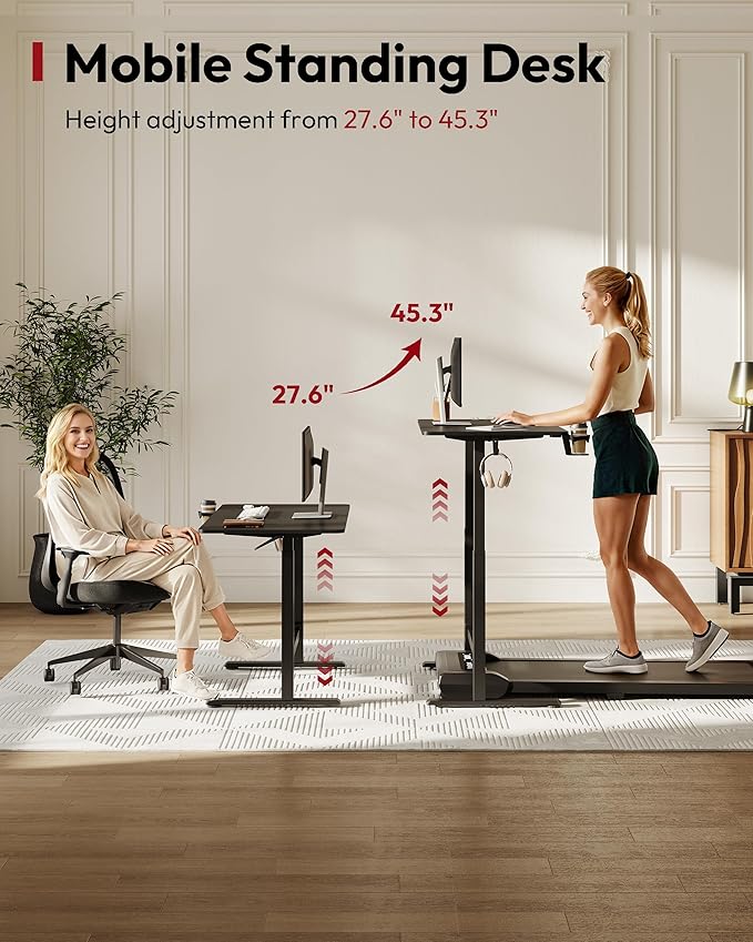SANODESK Mobile Workstation Standing Desk with Gas-Spring Lift, Rolling Desk 32x20''Adjustable Height, One-Piece Desktop Workstation，Walking Pad & Treadmill Compatible, Portable Home Office