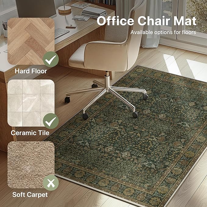 48"x72" Office Chair Mat for Hardwood Tile Floor, Under Desk Carpet Protector for Rolling Computer Chair Mat, Machine Washable Area Rug, Anti-Slip 1/5" Thick Low Pile Thin Vinyl Floor Mat, Dark Brown
