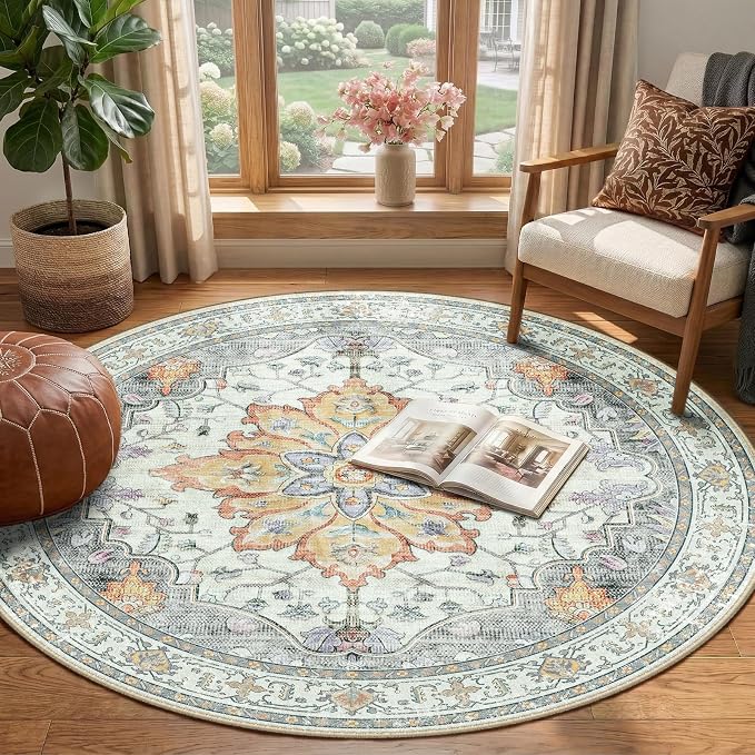 RELEANY Area Rugs Round 4ft Washable Non-Slip, Floral Vintage Distress Medallion Carpet for Living Room Bedroom Dining Room, Beige Carbon Grey Orange