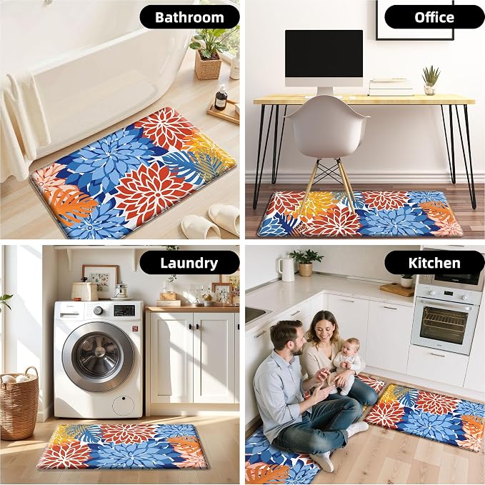 Arenarug Kitchen Mats for Floor 2PCS Cushioned Anti Fatigue Kitchen Mats Waterproof Non Slip Kitchen Mat Rug Set Comfort Foam Standing Mat for Sink, Laundry, Office,17.3" x 28" + 17.3" x 47", Red Blue