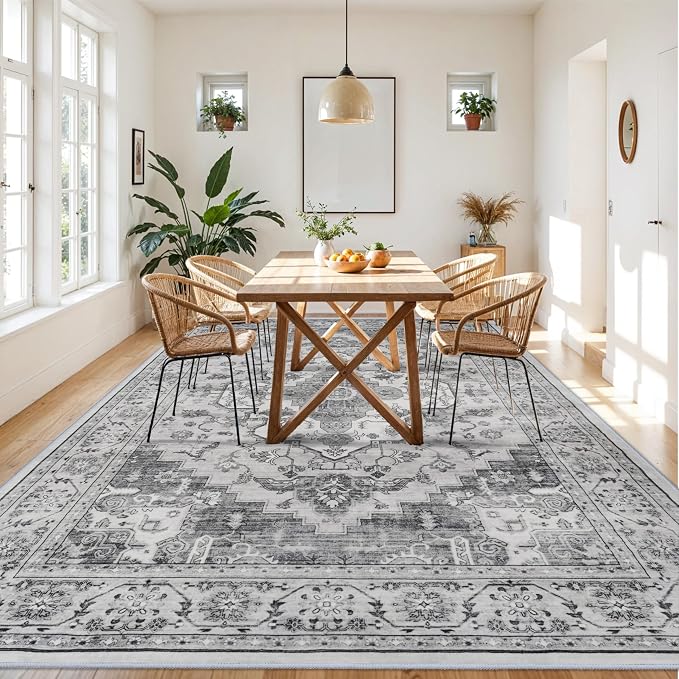 Living Room 9x12 Area Rugs - Large Boho Rugs for Bedroom Stain Resistant Carpet Vintage Tribal Rugs for Kitchen Bathroom with Non Slip Backing Home Decor Floor Decoration Mat 9x12 Grey/White