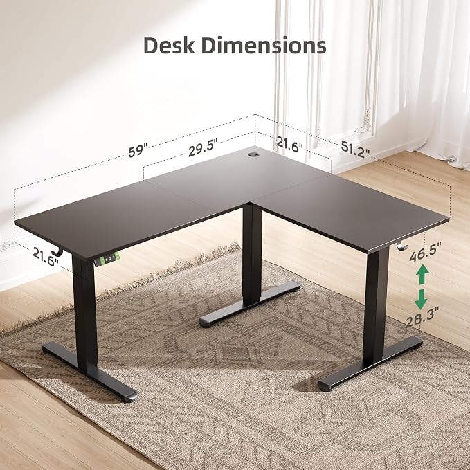 Claiks L-Shaped Electric Standing Desk with Dual Motors, 59 x 51 Inch Black | Spacious desktop, 28.3 to 46.5 inch height range, 176 lbs capacity, memory presets, headphone hook