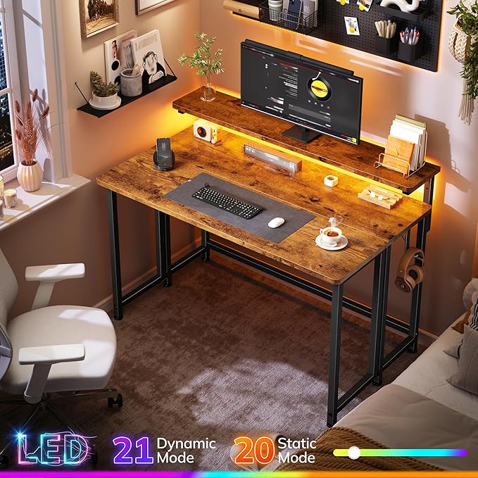 Folding Desk for Small Space,Foldable Computer Desk with Monitor Stand,31.5 Inch Small Desk with LED Lights for Bedroom Home Office,Writing Work Office Computer Desk with Hooks,Rustic Brown