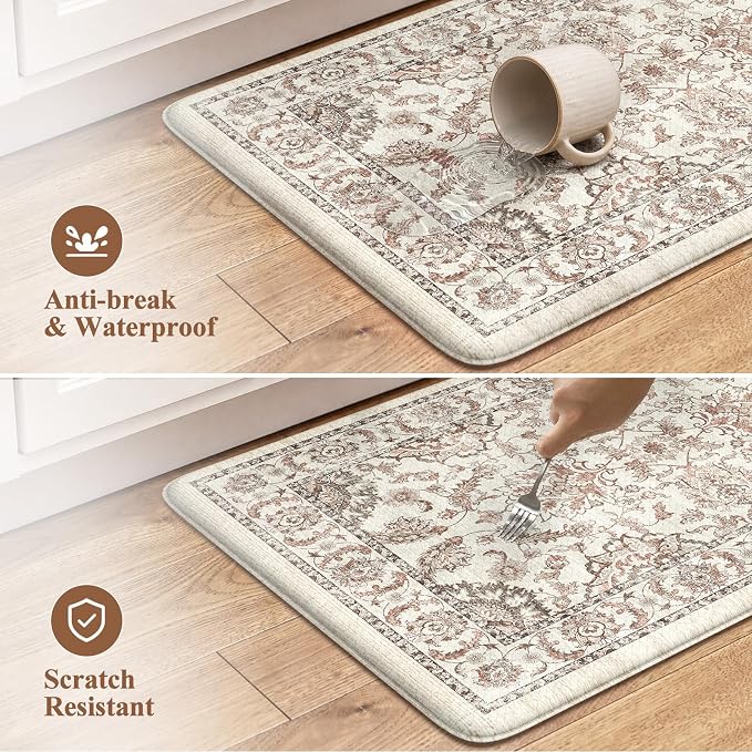 KIMODE Anti Fatigue Kitchen Mats for Floor Cushioned Kitchen Rugs Sets of 2 | 17"x59"+17"x29",Vintage Floral,Khaki,Non-slip,Waterproof,Kitchen Rug,Comfort Foam Paded Mat for Floors Office Laundry Sink