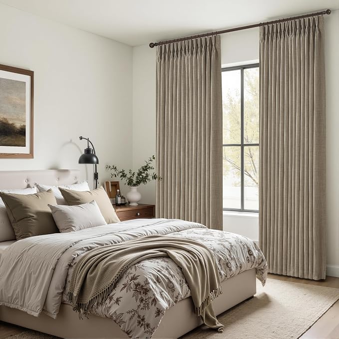 Oak Taupe Extra Long 108 Inch High Ceiling Curtains for Living Room 2 Panel Set, Memory Trained Pinch Pleated Blackout Double Layer Linen Soundproof Heat Block Boho Privacy Windows Curtain 9 FT Length