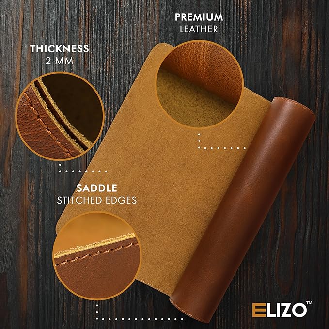 Elizo Real Leather Desk Mat Set (24X12) Large Desk Cover Desk Blotter Protector Computer Gaming Mouse Pad Table Laptop Office Desktop Accessories Antique