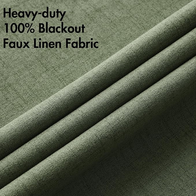 MIULEE 100% Blackout Linen Textured Curtains for Bedroom Solid Thermal Insulated Olive Green Grommet Room Darkening Curtains & Drapes Luxury Decor for Living Room 42 x 84 Inch (2 Panels)