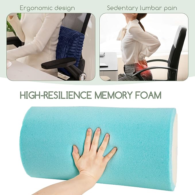 Lumbar Support Pillow for Recliner Chair/Office Chair/Couch, Memory Foam Back Support Cushion with Adjustable Strap, Recliner Cushions for Lower Back Pain Relief, Sleeping, Washable Cover, Navy