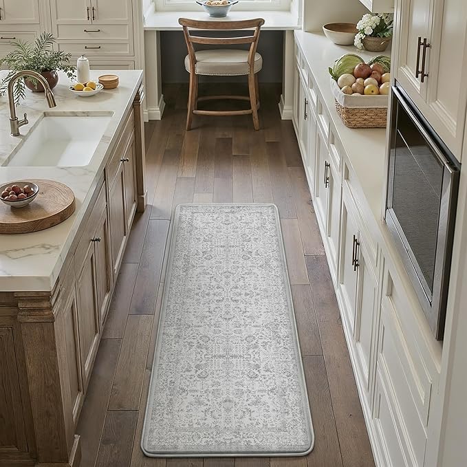 Kitchen Mats 2PCS Anti Fatigue Cushioned Mat Gray Vintage Kitchen Mats for Floor Waterproof Non Slip Comfort Standing Grey Retro Floral Rug for Sink Laundry Office 17.3"x59"+17.3"x30"