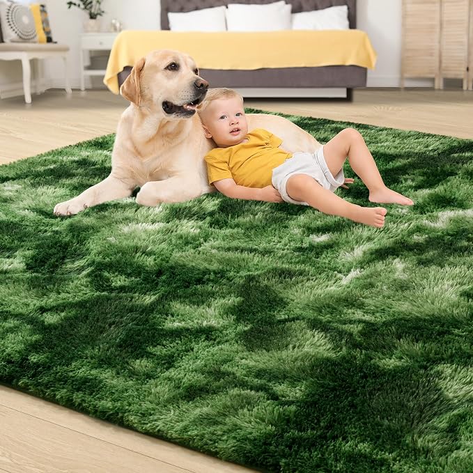 Tepook Fluffy Dark Green Rugs for Living Room Bedroom, 8x10 Soft Area Rug Tie-Dyed Forest Moss Green Kids Girls Boys Rug, Indoor Plush Shaggy Non-Slip Carpet for Nursery Classroom Dorm Home Decor