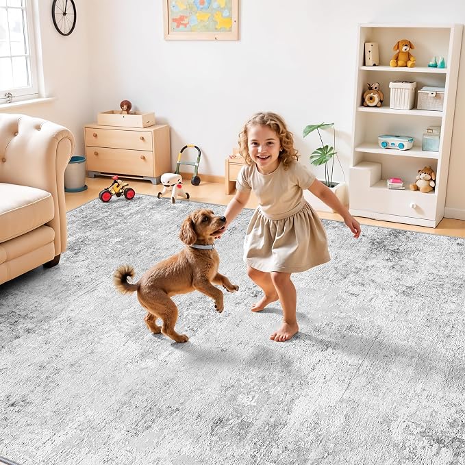 7x9 Living Room Area Rug: Abstract Washable Non-Slip Dining Room Rugs for Under Table Bedroom Nursery - Stain Resistant Low Pile Carpet Ultra Thin Soft Neutral Throw Floor Mat for Home Decor(7x9 Grey)