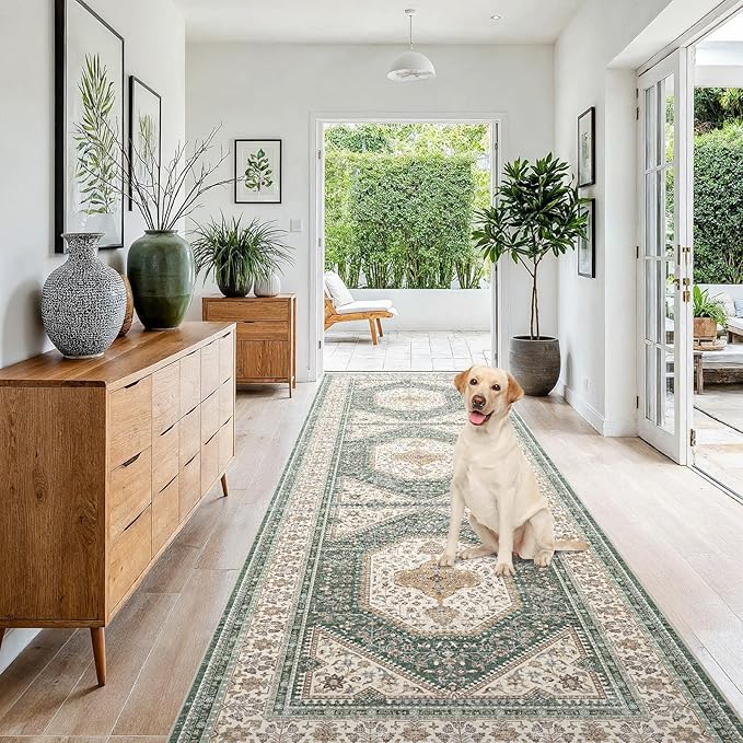 4x10 Runner Rug for Hallway Washable: Non Slip Kitchen Rugs with Rubber Backing Soft Waterproof Wide Mats Stain Resistant Low Pile Carpet for Entryway Bedroom Bathroom Laundry Home Decor Green/Beige