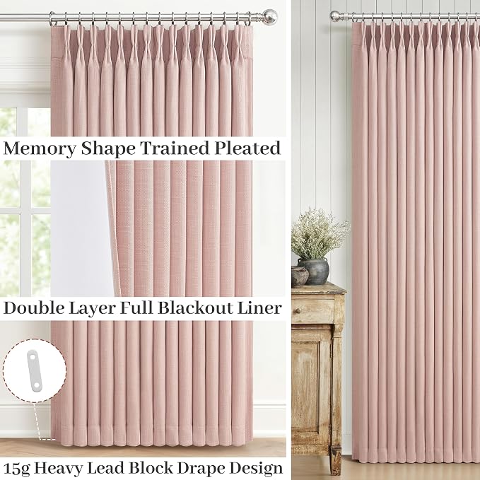 Elegant Blush Pink High Blackout High Ceiling Curtains 102 Inches Long for Sliding Glass Doors, Memory Trained Pinch Pleat Dual Layer Thick Linen Thermal Sound Dampening Modern Window Drapes 2 Panels