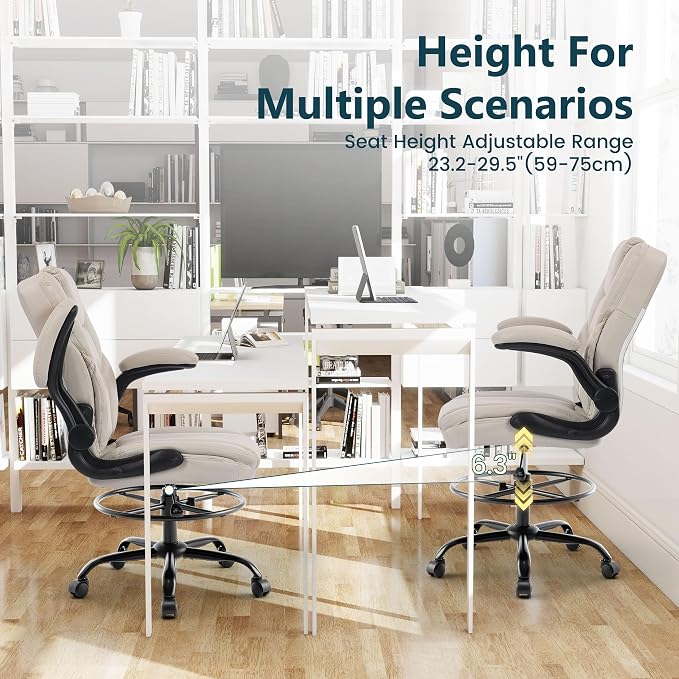 Drafting Chair 500Lbs, Tall Office Chair for Standing Desk, High PU Leather Executive Office Chair with Flip-up Armrests, Ergonomic High Chair with Adjustable Foot Ring, Comfy Stool Chairs, Beige