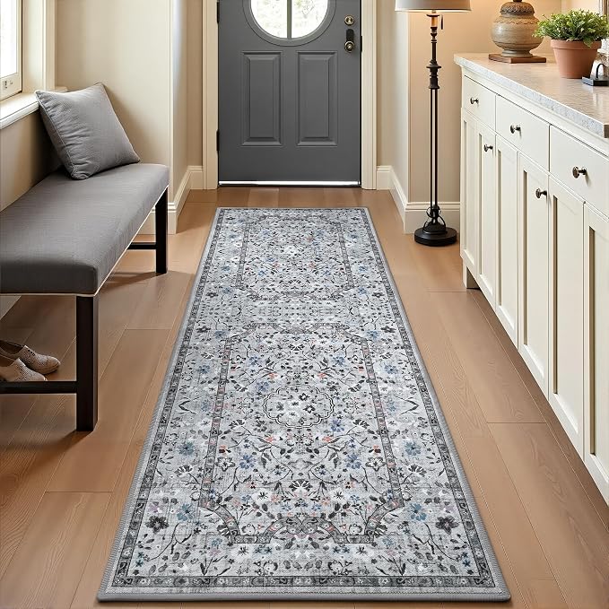 Vasofe Area Rugs for Bedroom Machine Washable Rugs for Living Room, Vintage Rug with Non-Slip Backing, Water Repellent Rug for Office, Kids Playroom (Grey, 2' x 6')