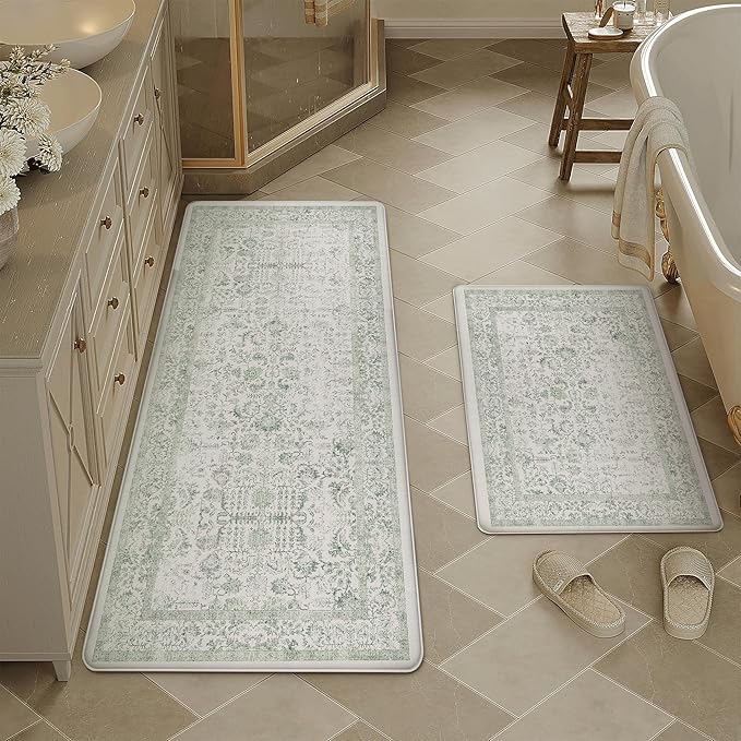 Kitchen Mats 2PCS Anti Fatigue Cushioned Mat Light Green Vintage Kitchen Mats for Floor Waterproof Non Slip Comfort Standing Retro Floral Rug for Sink Laundry Office 17.3"x59"+17.3"x30"