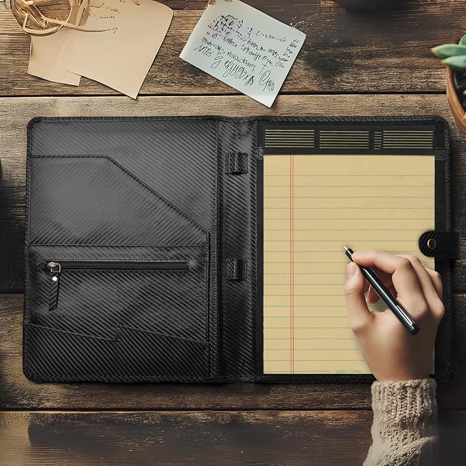 LEATHER VILLAGE Portfolio Professional Organizer – Carbon Fiber Genuine Leather Padfolio Resume Folder for A4 Letter Pad with Pen Holder, Business Card Slots – Ideal for Men & Women - Black