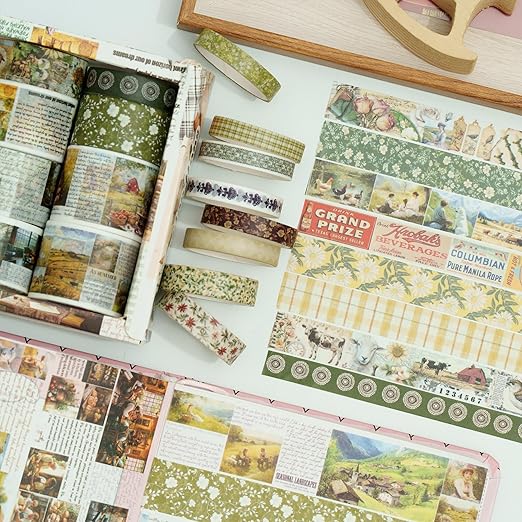 Vintage Washi Tape Set - 24 Rolls Arts Adhesive Tapes Assorted Retro Decorative Masking Tape Sets for Craft, Kids, Scrapbook, DIY, Gift Wrapping (10-Countryside Charm)