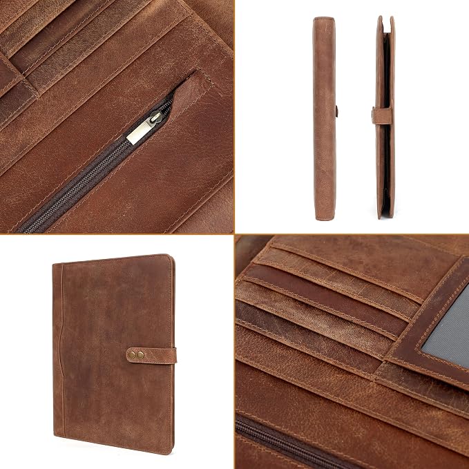 ELIZO Leather Portfolio Padfolio Leather Binder Folder for Men and Women Professional Business Portfolio Organizer Men and Women Saddle Letter Strap