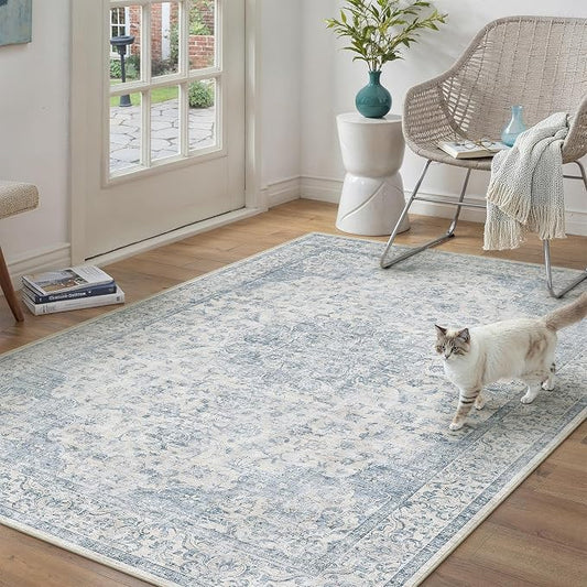 PureCozy 3x4 Area Rug Washable Neutral Blue Vintage Entryway Office Carpet Non Slip Low Pile Soft Door Mat Floral Indoor Small Throw Rug for Entrance Bathroom Bedroom Office Laundry
