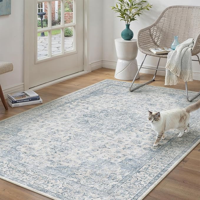 PureCozy 3x5 Area Rug Washable Neutral Blue Vintage Entryway Office Carpet Non Slip Low Pile Soft Door Mat Floral Indoor Small Throw Rug for Entrance Bathroom Bedroom Office Laundry