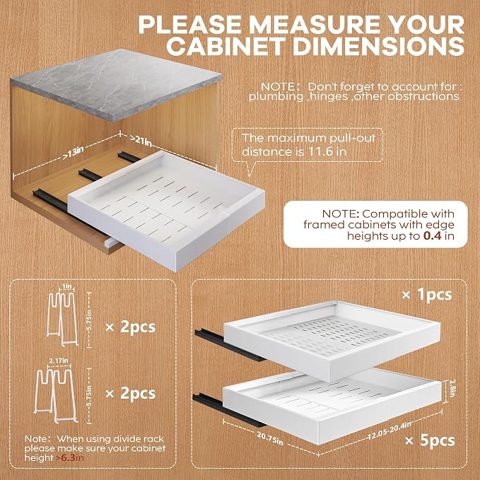 Seinloes 6Pack Expandable Pull Out Cabinet Organizer 21"Deep With Raising Pad for Framed Cabinets,Slide Out Drawers with 4pcs Divider Racks,Roll Out Shelves Adhesive,Adjustable Width 12.05"-20.4"White