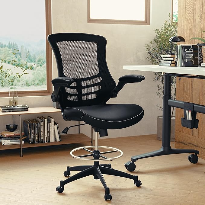 Flash Furniture Kelista Mid-Back Swivel Office Chair with Adjustable LeatherSoft Seat Height, Ergonomic Mesh Chair with Flip-Up Arms, Black | Leather soft Seat, Mid-Back, Flip-Up Arms, Mesh Back, Adjustable Foot Ring