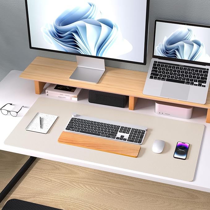 Aothia Large PU Leather Desk Pad Protector – Non-Slip Mouse Pad & Writing Mat for Office/Home, Waterproof, Easy to Clean (23.6" x 13.7", Eggshell)