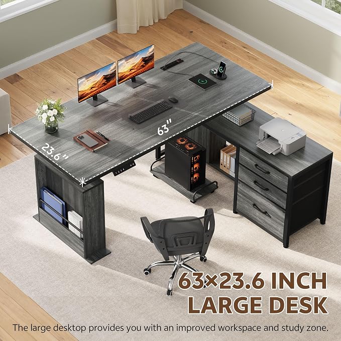63 Inch L Shaped Desk with 3 Drawers Electric Standing Desks with Storage Computer Table Adjustable Height with Power Outlets 4 Memory Presets for Home Office, Grey