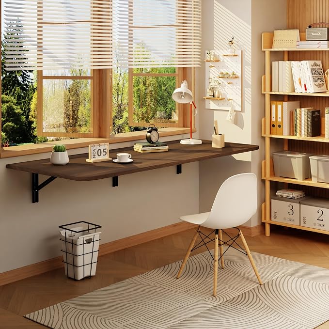 IAE Wall Mounted Floating Foldable Desk, 55" x 22" Folding Computer Workstation Table with Engineered Wood and Metal Shelf Brackets,Fold&Floating Design for Home Office, Apartment,Laundry Room,Walnut
