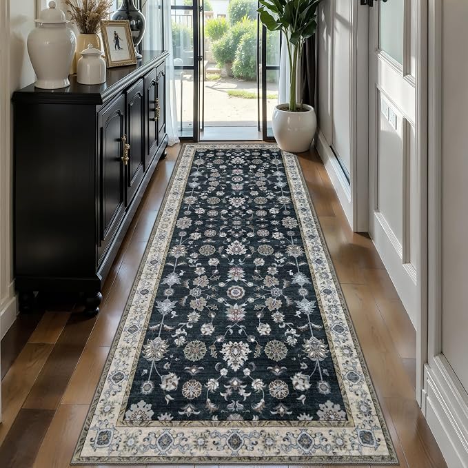 Tangsoo Black 2.6x8 Hallway Runner Rug, Floral Vintage Washable Non-Slip Runner Rug for Hallway Entryway Indoor, Black Oriental Carpet, Boho Soft Low Pile Long for Kitchen Bedroom LivingRoom