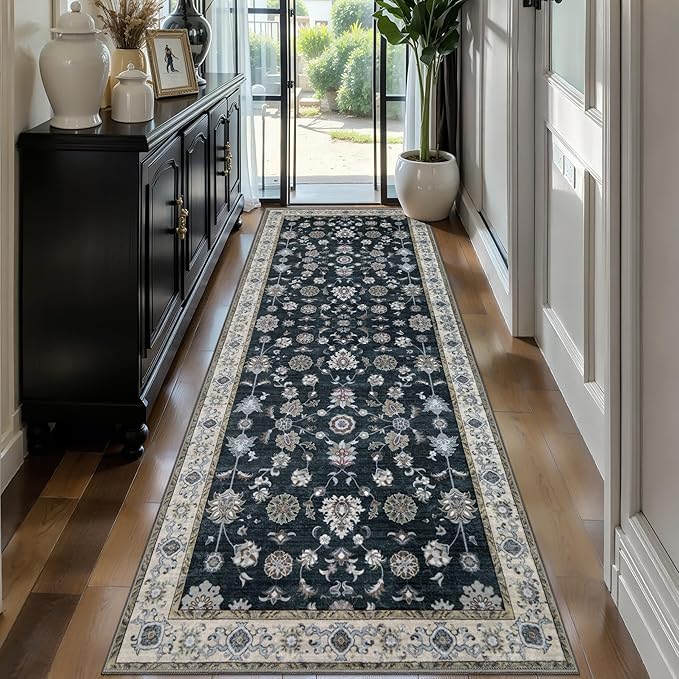 Tangsoo Black 2.6x10 Washable Runner Rug for Hallways, Floral Vintage Runner Rug Non Slip, Oriental Soft Low Pile Long Rug Runner, Black Carpet Runners for Kitchen Bedroom Entryway Living Room