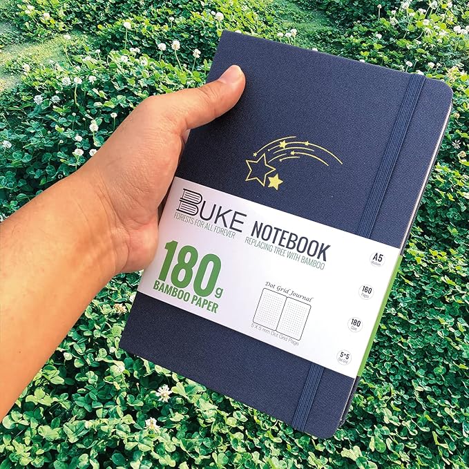 BUKE Dot Grid Notebook Dotted Journal,180Gsm Bamboo White Paper, 5 * 5MM Dots 160 Pages,Colored Silver Edges, Bookmarks and Expandable Back Pocket,Shooting Stars