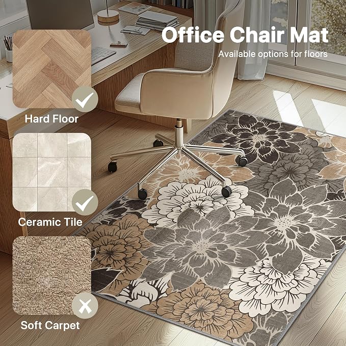 36"x48" Office Chair Mat for Hardwood Tile Floor, Under Desk Carpet Protector for Rolling Computer Chair Mat, Machine Washable Area Rug, Anti-Slip 1/5" Thick Low Pile Thin Vinyl Floor Mat, Grey Beige