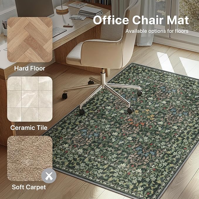 36"x60" Office Chair Mat for Hardwood Tile Floor, Under Desk Carpet Protector for Rolling Computer Chair Mat, Machine Washable Area Rug, Anti-Slip 1/5" Thick Low Pile Thin Vinyl Floor Mat, Moss Green