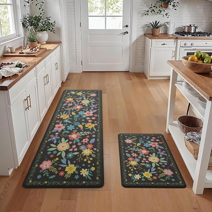 GENIMO Anti Fatigue Kitchen Mats for Floor 2PCS, Cushioned Standing Mats | 23"x71"&20"x32", Black vintage floral rug set, waterproof, non slip, easy-clean for farmhouse