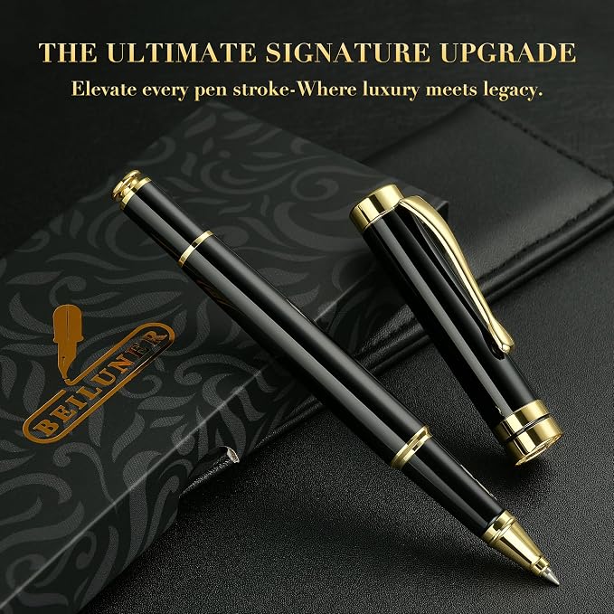 BEILUNER Ballpoint Pens, Stunning Black Chrome Metal Pen with Golden Trim, Best Ball Pen Gift Set for Men & Women, Professional, Executive, Office, Nice Pens-Gift Box with 0.5mm Black Extra Refill