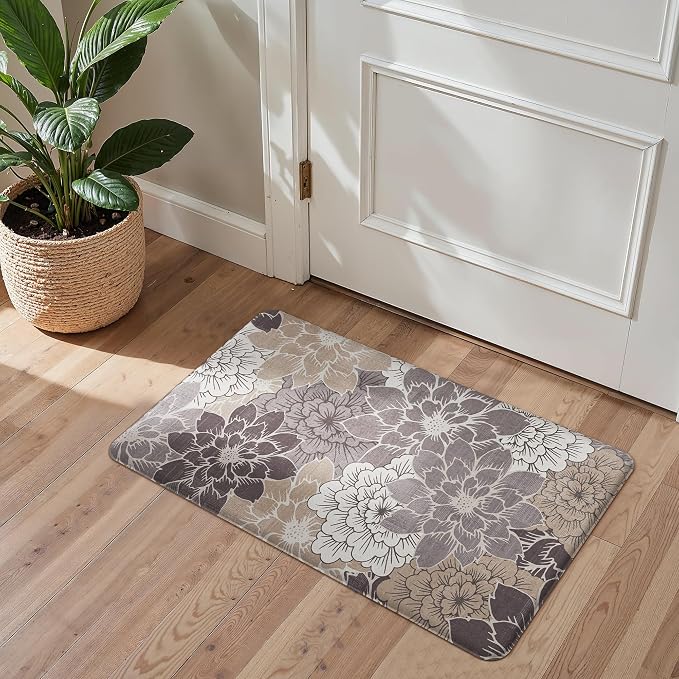 GENIMO Anti Fatigue Kitchen Mats for Floor 2PCS, Cushioned Standing Mats | 17.3"x47"&17.3"x30",Coffee Brown vintage floral rug set, waterproof, non slip, easy-clean for farmhouse