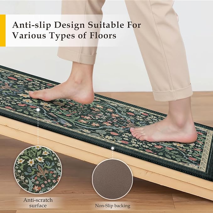 PureCozy Kitchen Mats for Floor 2PCS Anti Fatigue Cushioned Mat Non Slip Comfort Kitchen Rugs Vintage Floral Waterproof Standing Dark Green Mat for Sink Laundry Office Desk 17.3"x47"+17.3"x30"