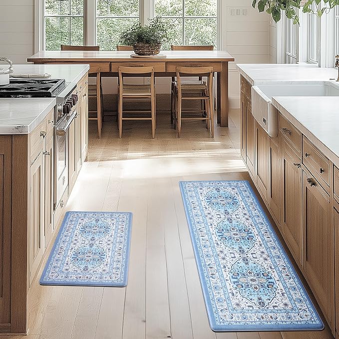 FRESHMINT Medallion Kitchen Mat Set 2 Piece, 17x30''+17x47'', Light Blue | Anti-Fatigue, Non Slip, Comfort, Kitchen Decor, Easy to Clean, Waterproof, Perfect for Kitchen, Laundry, Office