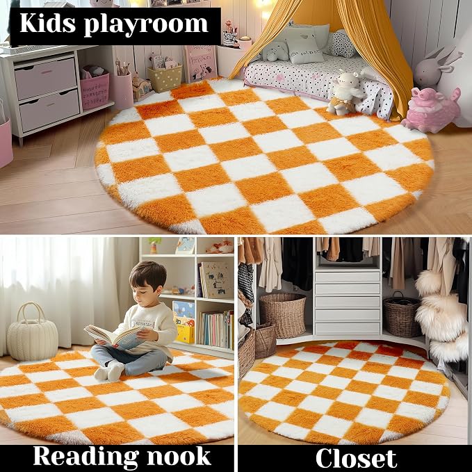 KICMOR Round Rug 4ft Orange and Cream White Circle Area Rug, Fluffy Soft Fuzzy Shag Shaggy Bedroom Living Room Carpet, Indoor Checkered Circular Rug for Kids Boys Girls Home Decor Aesthetic, Nursery