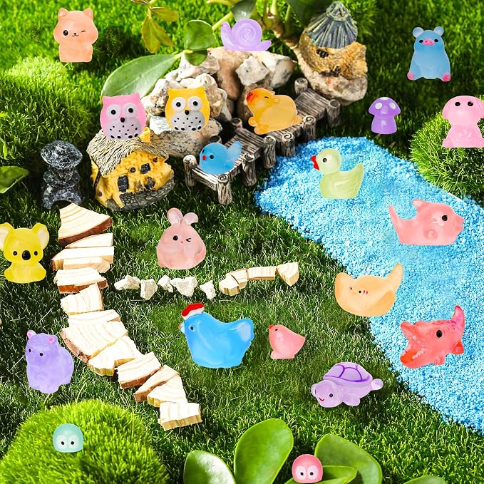 200PCS Luminous Mini Resin Animals 30 Types Miniature Resin Animal Figurines to Hide Bulk Glow in The Dark Tiny Ducks Frogs Small Cat Bunnies for Fairy Garden Micro Landscape Dollhouse Accessories