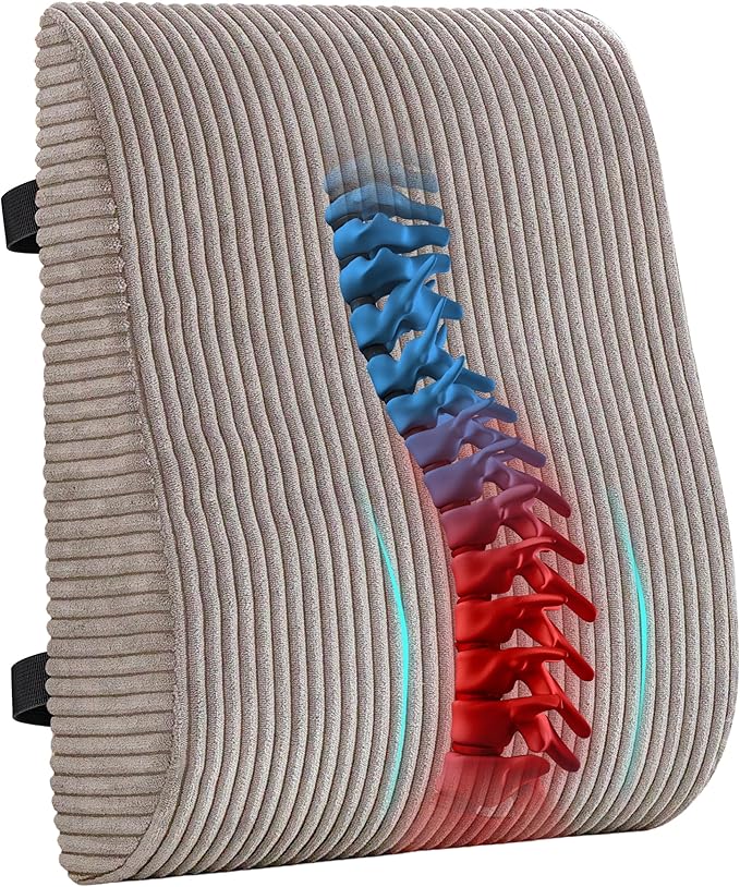Ergonomic Lumbar Support Pillow for Lower Back Pain Relief, Corduroy Cover Back Support Cushion with Adjustable Straps, Large Size Lumbar Pillow for Office, Gaming & Home Essentials, Large, Grey